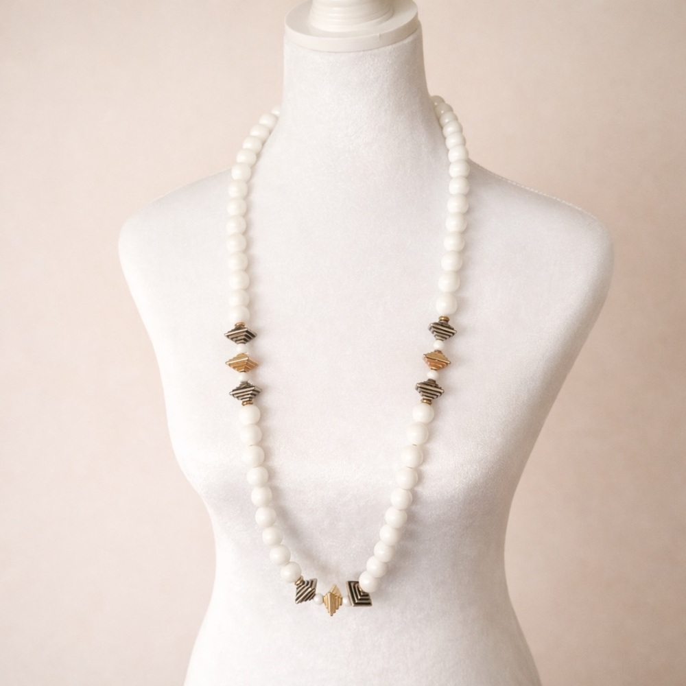 Pauline Rader Necklace Signed White Resin Bead Gold Sculptural Statement 1980s